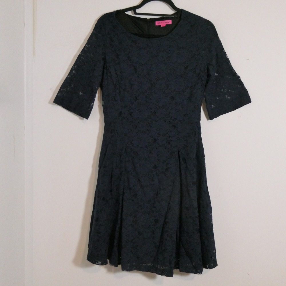 Betsey Johnson Womens Lace Dress 10 Navy Fit and Flare Romantic Coquette Party